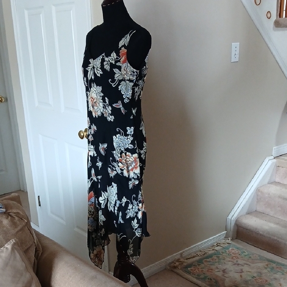 Black Floral Asymmetrical Slip Dress with Delicate Floral Print - Picture 6 of 11